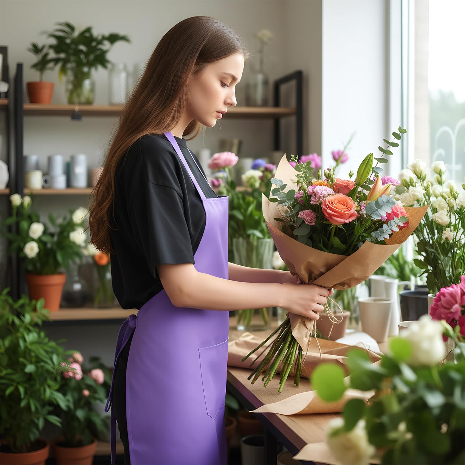 Fengek 8 Pcs Bib Apron for Unisex Colorful Kitchen Apron Bulk with 2 Roomy Pockets for Kitchen BBQ Painting Baking (Purple) - Image 6