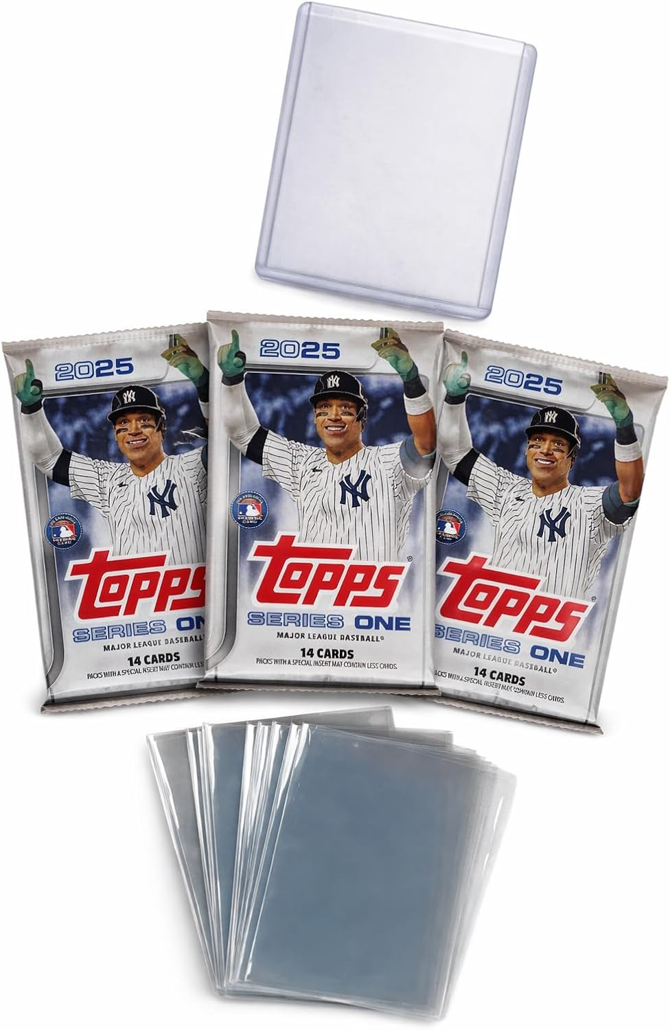 Topps 2025 Series 1 ベースボールトレーディングカードバンドル、ファクトリーシールパック3枚、合計42枚入り、ペニースリーブ10枚とトップローダー1枚(シリーズ1~42カード)が含まれます。