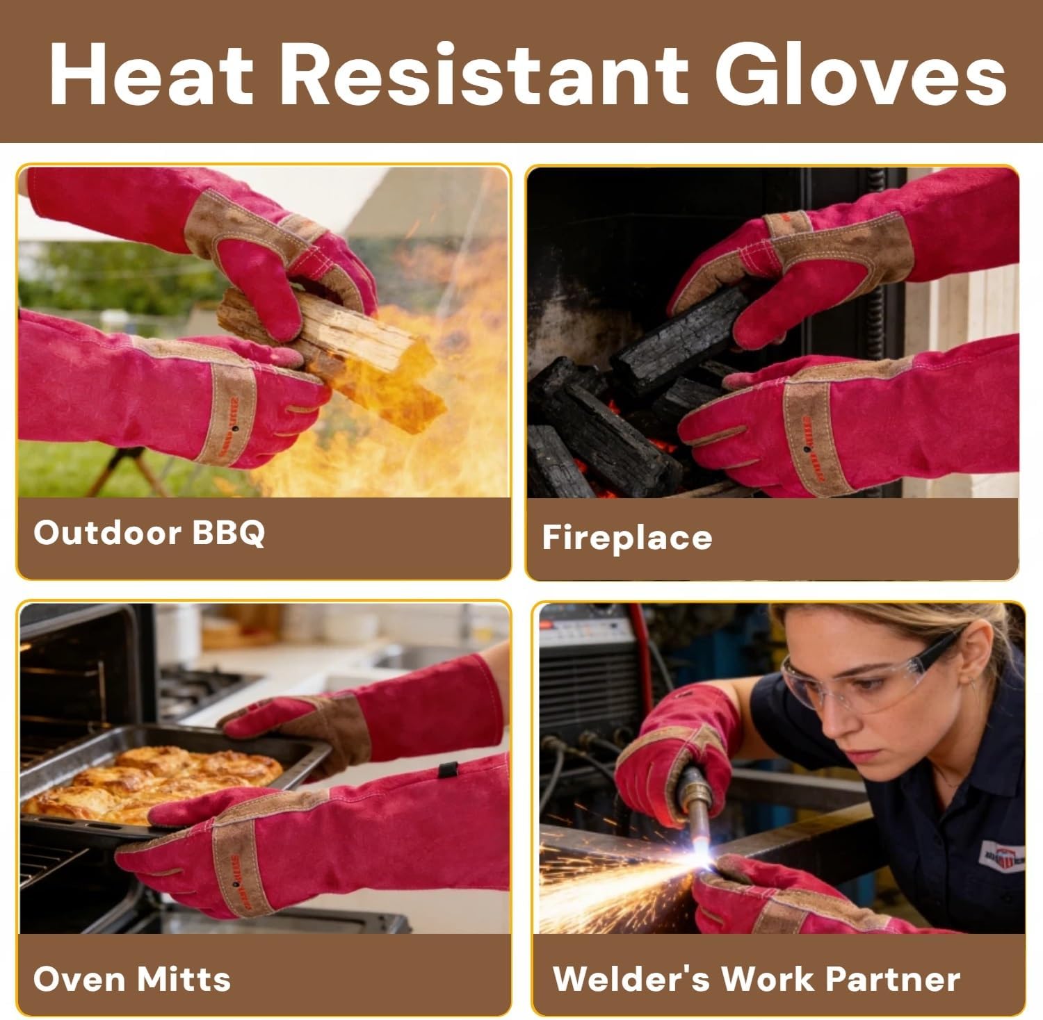 Long Gardening Gloves for Women, Leather Rose Pruning Gloves, Heat Resistant Durable Work Gloves for Yard Work, Welding, BBQ, Cooking, Fireplace and Chainsaw (Pink, Small)