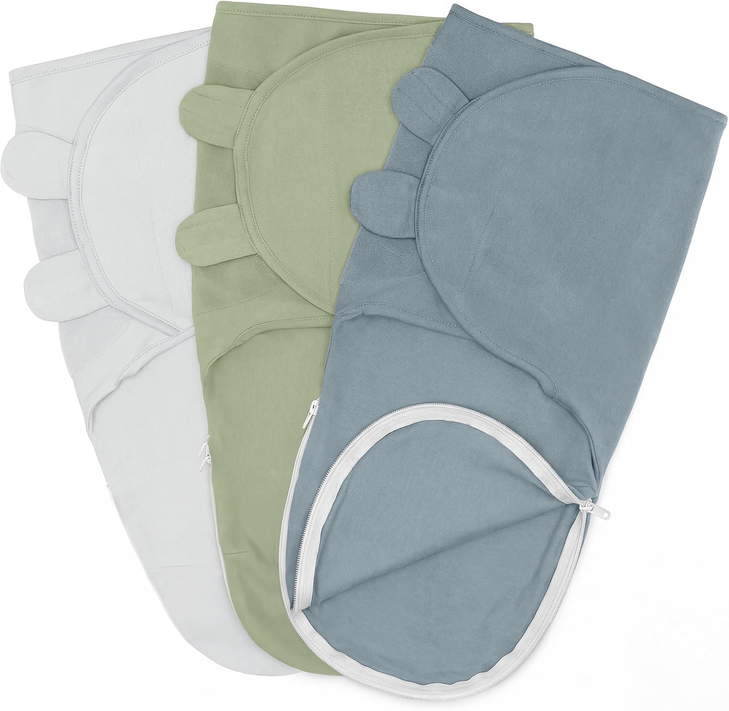 Comfy Cubs Easy Swaddle Blanket with Zipper Closure, 3 Pack - 100% Cotton Newborn Wrap, Large for 3-6 Months Infants, Breathable and Durable Sleep Sack for Babies - Stone, Pacific Blue, Sage