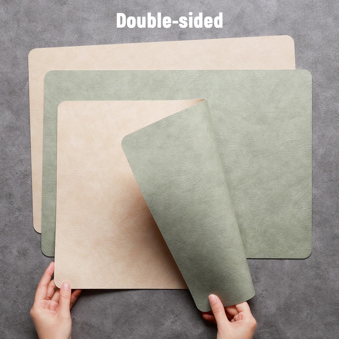 Dual-Sided Two-Tone Vinyl Placemats Set of 6 with Coasters, 12x17 Inch - Waterproof Faux Leather Table Mats, Heat Resistant Washable Wipeable Place Mats for Kitchen Dining, Beige/Sage Green