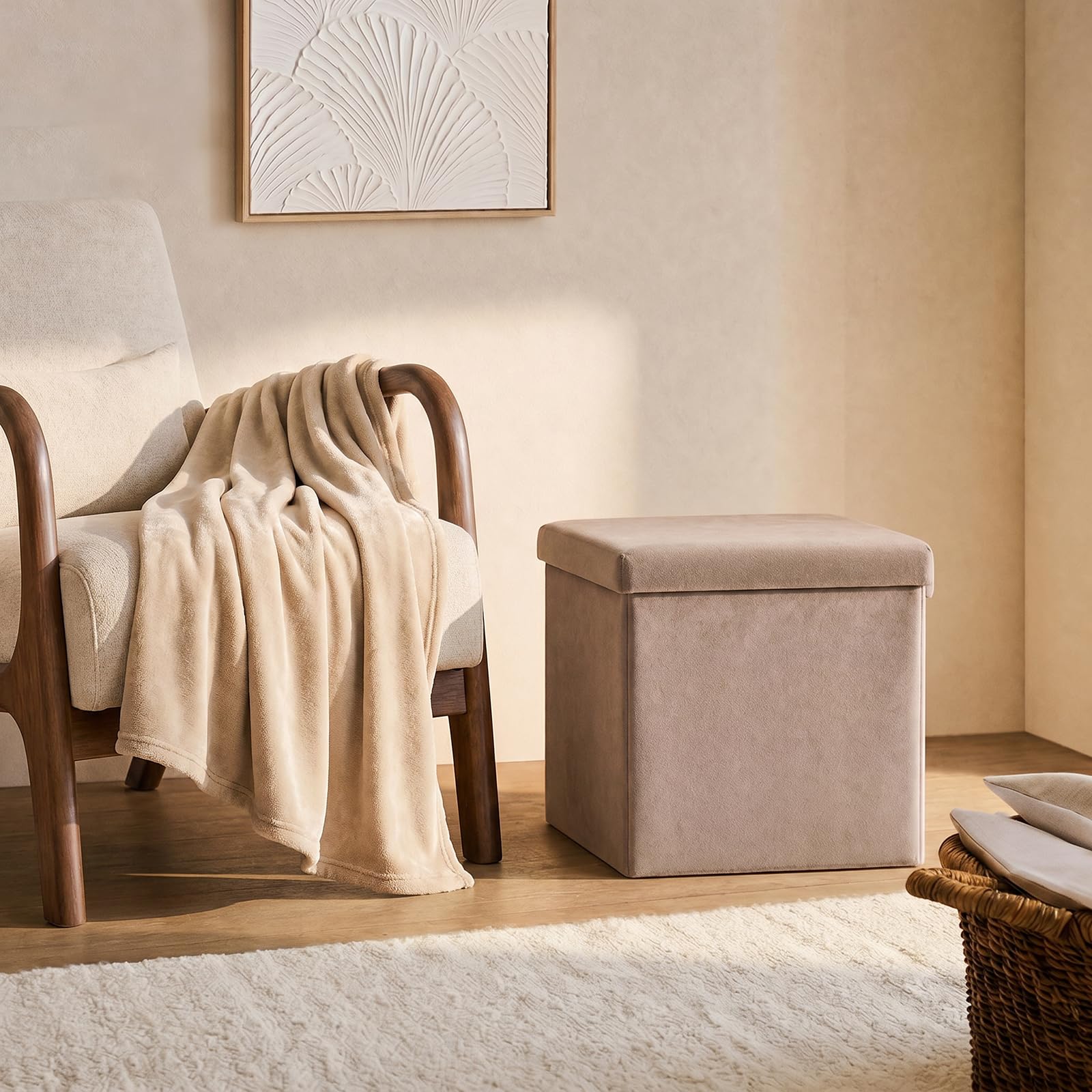 OHS Storage Ottoman Matte Velvet Folding Pouffe Cube Ottoman with Lid, Mink — image 1