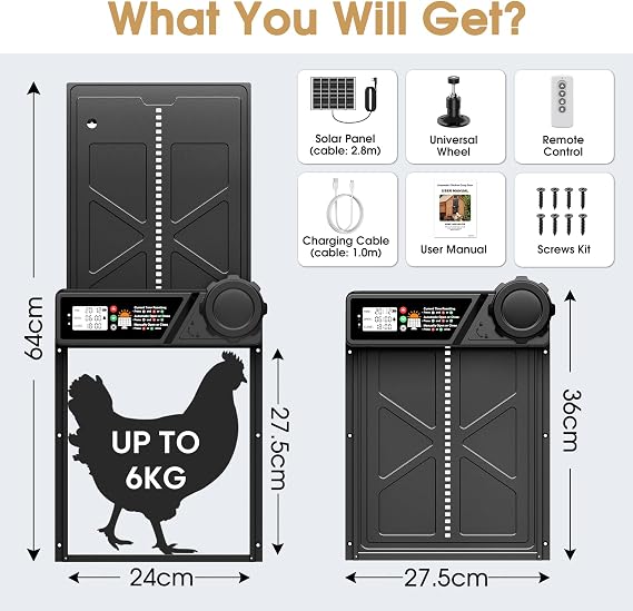 Automatic Chicken Coop Door Solar Powered with Remote Control, Timer