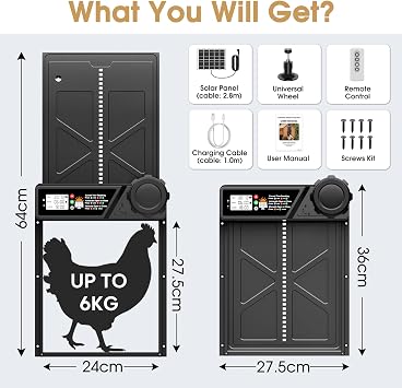 Automatic Chicken Coop Door Solar Powered with Remote Control, Timer