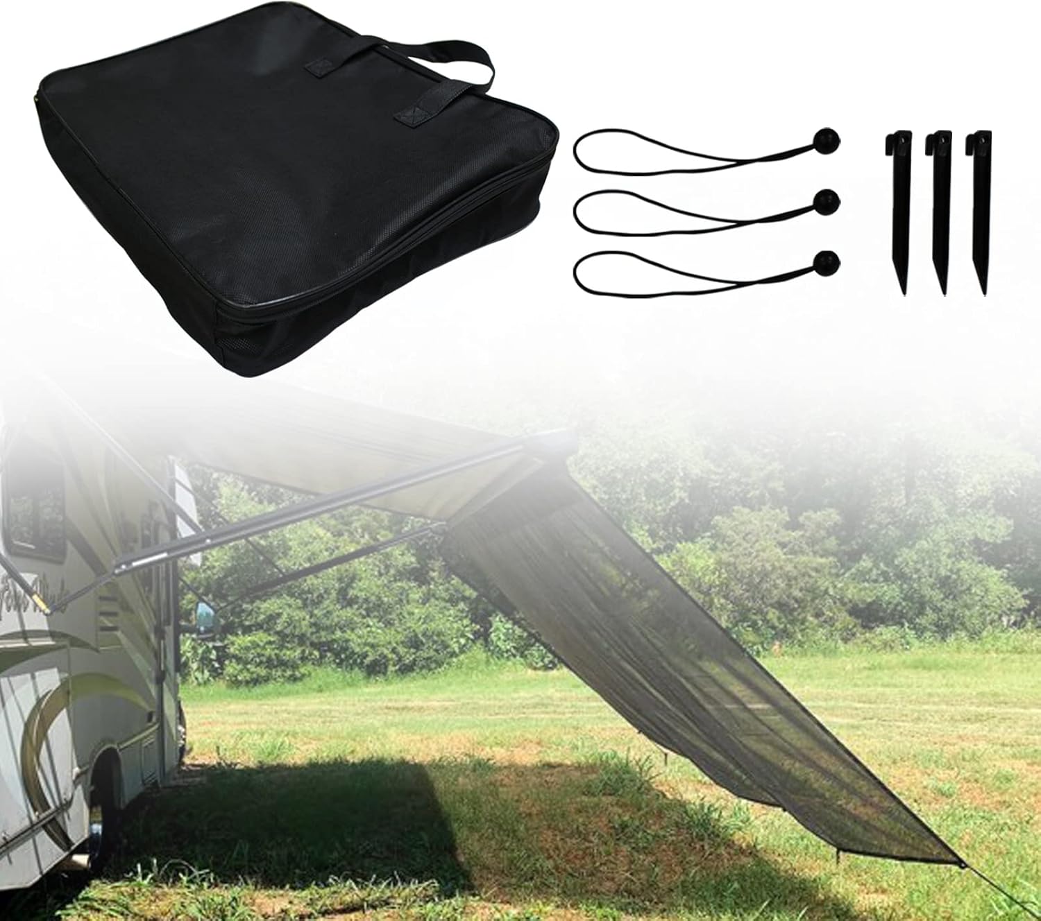 RV Fabric Replacement Screen with Zipper 9'x 11', Universal Mesh Awning Sunscreen Kit for Camper Trailor Motorhome Outdoor UV Blocker - Black
