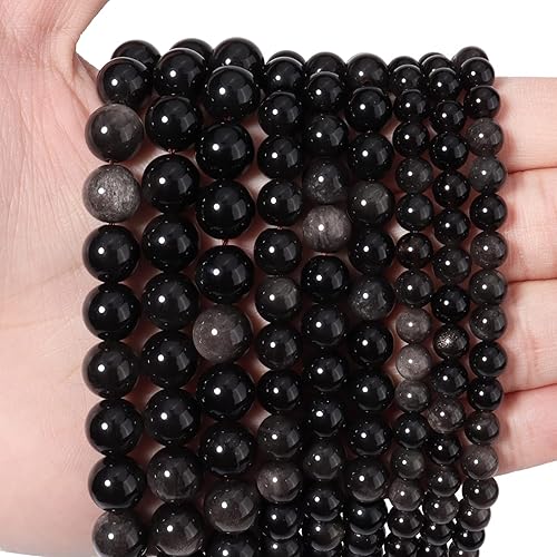 60 cuentas de piedras preciosas de obsidiana de plata natural de 0.236 pulgadas (0.236 in) redondas sueltas para la fabricación de joyas, pulseras y