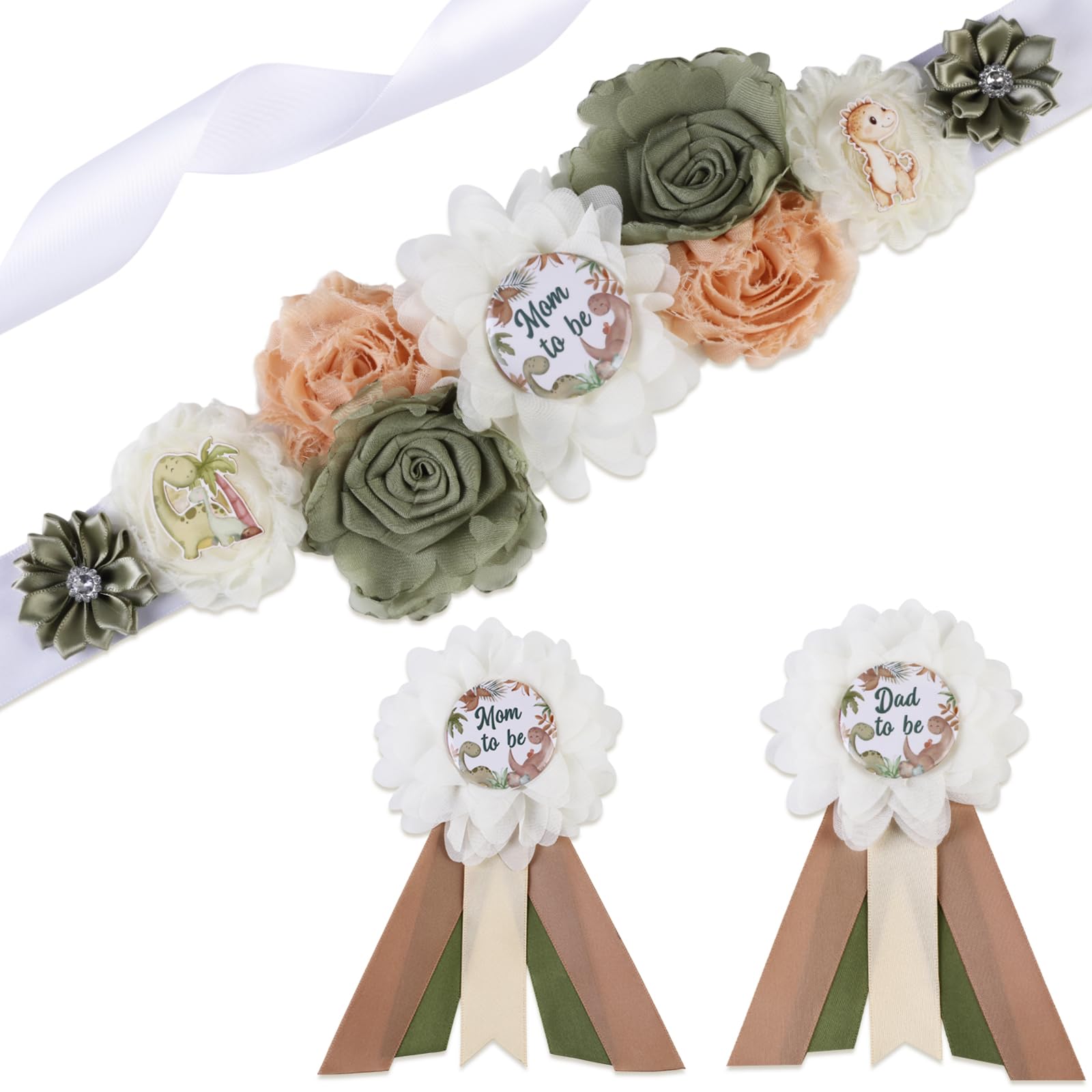 Cheerupp Boho Dinosaur Gender Reveal Maternity Sash Kit, Safari Jungle Animal Baby Shower Belly Belt and Mom To Be Dad To Be Corsage Pins, New Parents
