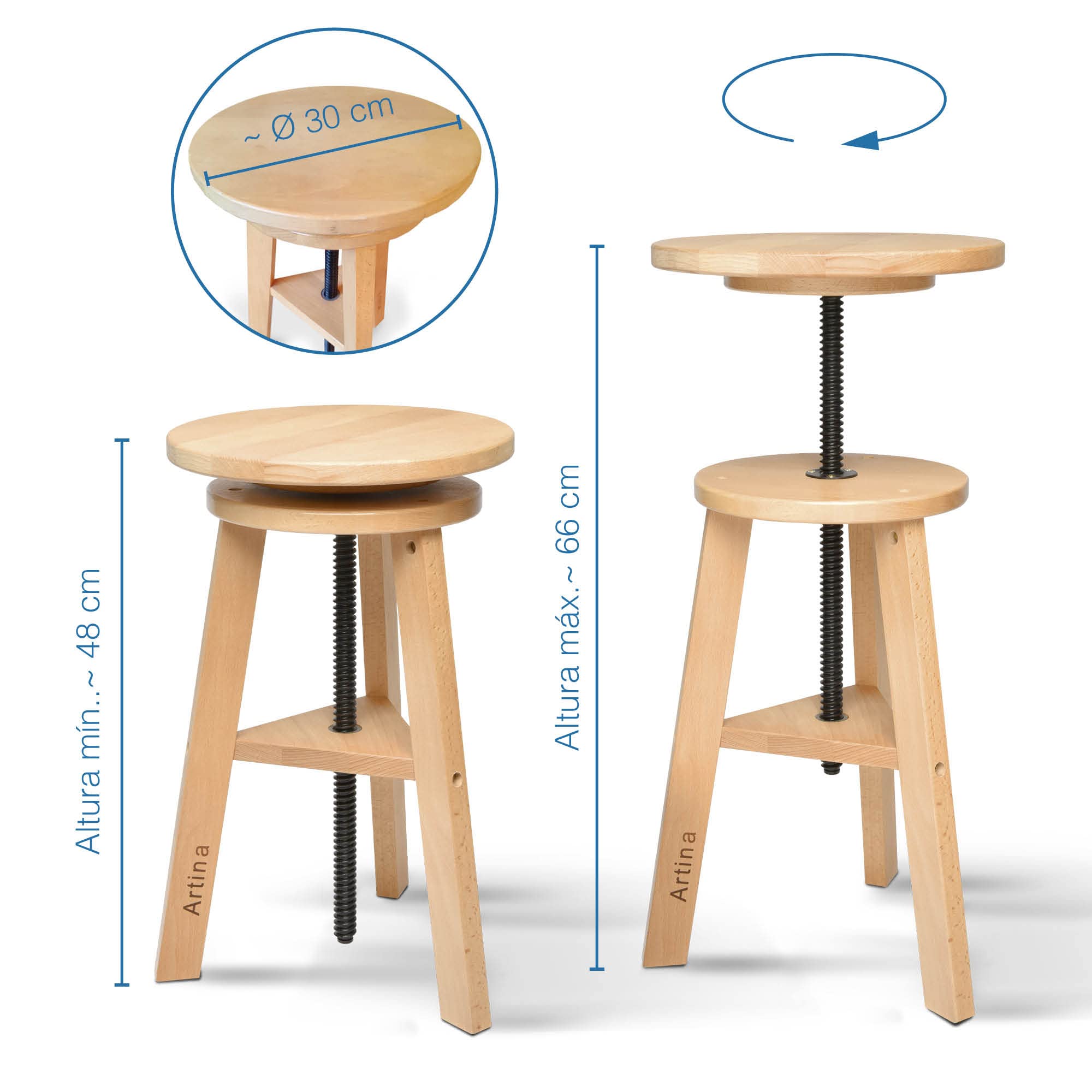 Artina Arles Taburete Redondo de Madera para Pintar – Taburete de Madera Ajustable en Altura, Taburete de Studio – Taburete de Taller con 3 piernas de Madera de Haya masiva – Taburete Giratorio