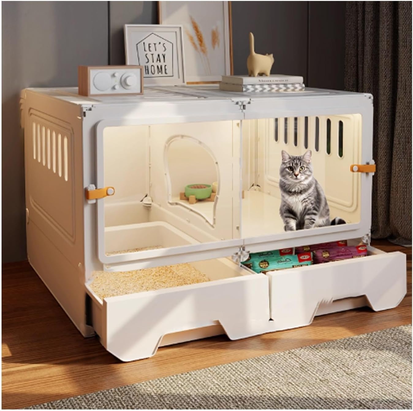Spacious Indoor Cat Cage with Integrated Litter Box, Durable Plastic & Resin, Easy Clean DIY Cat Enclosure, Ventilated Design for Optimal Airflow, Quick Assembly Solution