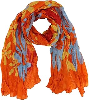 Orange Gray & Red Daisy Print Crinkled Scarf