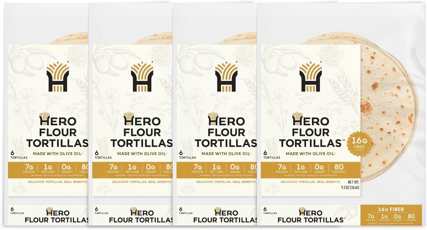 Hero Flour Tortilla - Delicious Tortilla Wraps | Soft Net Low Carb Tortillas | High Fiber, 1g Net Carbs & 80 Calories Per Serving (24 Tortillas, 4 Packs of 6)