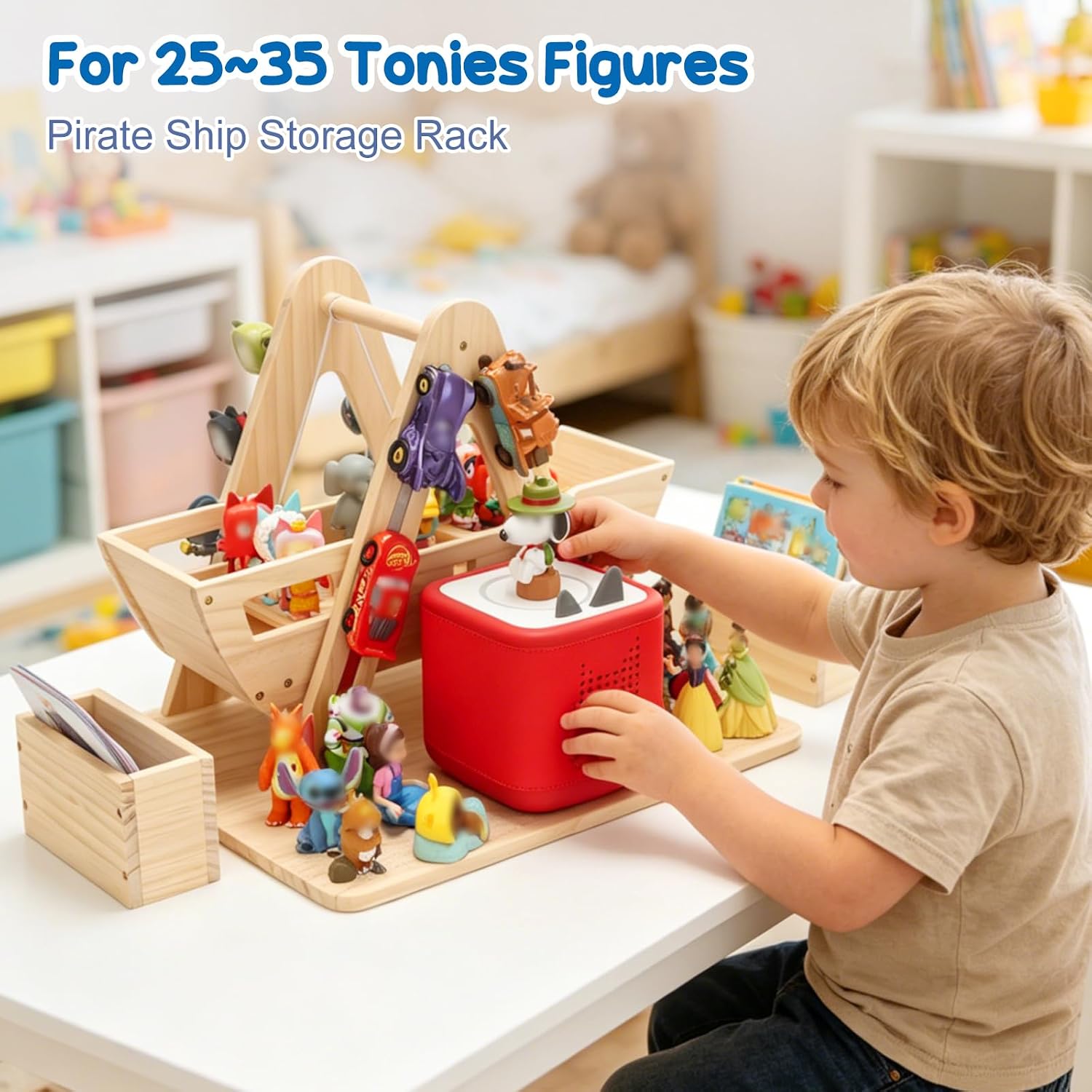 Magnetic Wooden Storage Rack Compatible with Toniebox 2/1,360° Rotating Pirate Ship Figures Holder Organizer for Tonies Figures,Character Display Shelves with Card Holder, Playroom Decor Gift for Kids