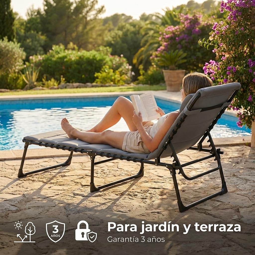 Pincho Tumbonas Jardin Exterior Hamaca Jardin, Chaise Longue Exterior, Tumbona Plegable Acolchada con Cojin Cervical, Hamaca Reclinable - 3 Posiciones, Estructura Metalica