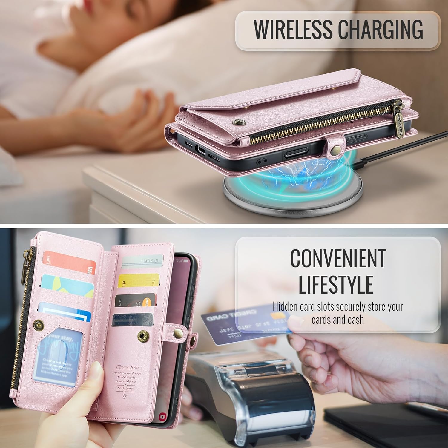 for Samsung Galaxy S25 FE Case, Women Men Multi-Function Wallet Case with Stand RFID Blocking Featuring Magnetic Closure Zipper Includes Shoulder Strap Wrist Strap (Pink)