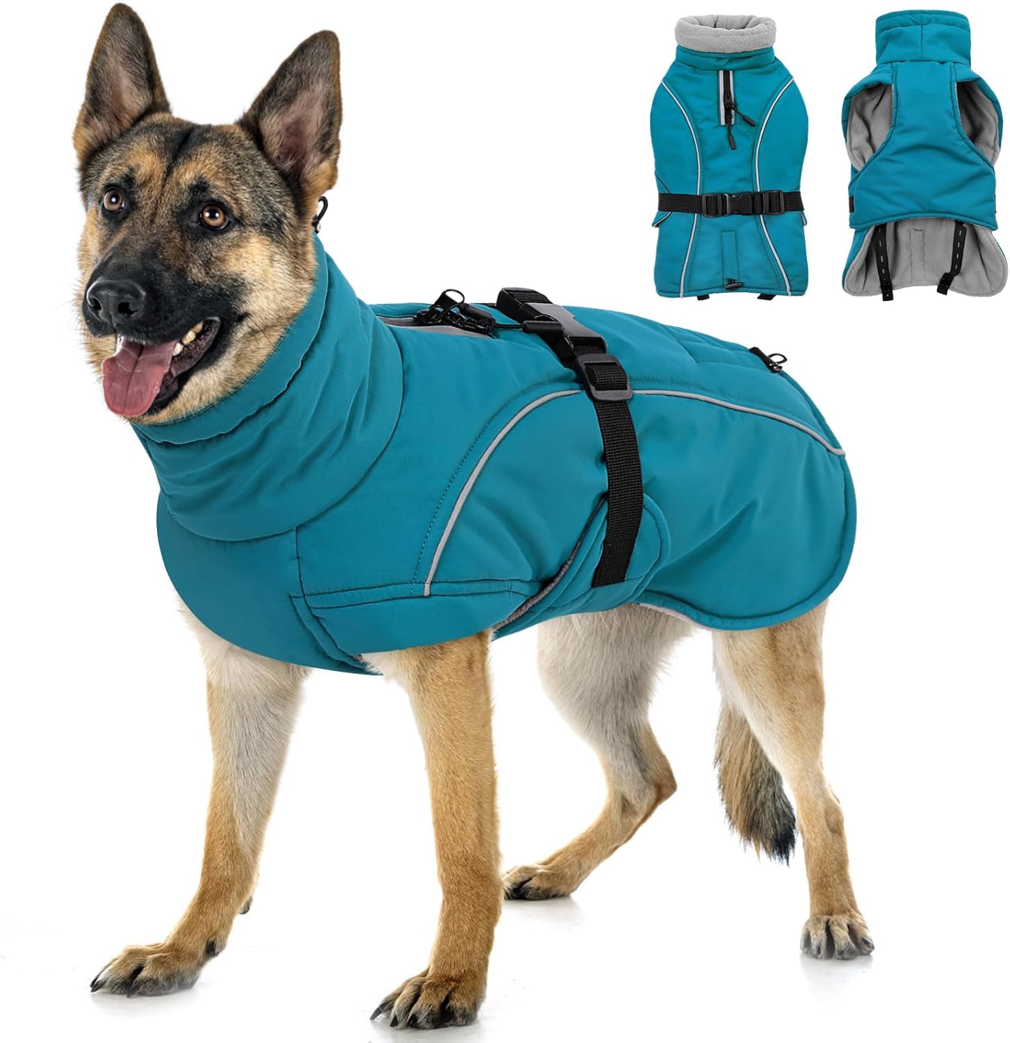 Queenmore XXL Dog Coat, Winter Jacket for Large Dogs, Waterproof Puffy Snowsuit, Adjustable Reflective Fleece Lining Warm Padding Parka for Cold Weather, Blue 3XL Blue XXX-Large