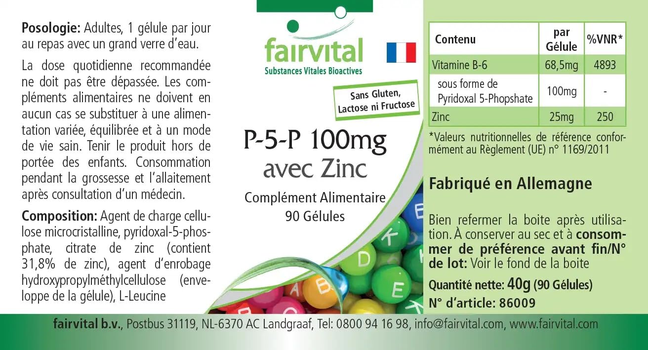 fairvital Pyridoxal-5-phosphate 100mg, 270 gélules (90x3), vitamine B6 active P-5-P avec du zinc, HAUTEMENT DOSÉE & VÉGÉTALIENNE