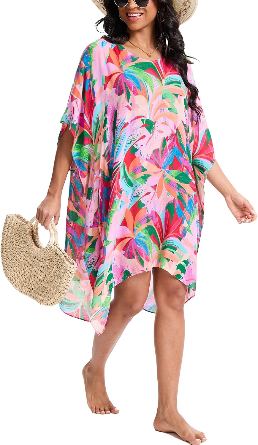 Moss Rose Women's Beach Kaftan Dresses Kimono Swimsuit Cover up for Bathing Suit with Floral Pattern