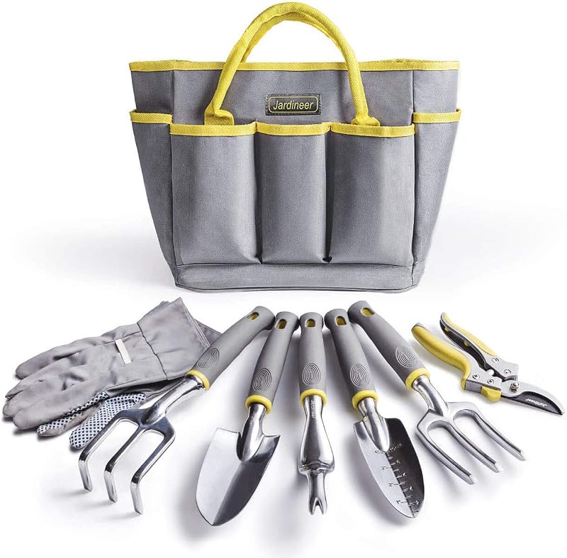 Garden Tools Set, 8PCS Heavy Duty Garden Tool Kit with Outdoor Hand Tools, Garden Gloves and Storage Tote Bag, Gardening Tools Gifts for Women and Men