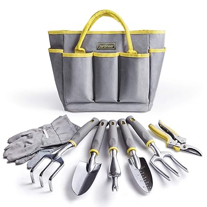 Jardineer Garden Tool Set 8 Piece Gardening Tools with Gardening Gloves and Tool Bag, Heavy Duty Solid Polished Aluminum Head, Comfortable and Ergonomic Handles-Garden Gifts for Women & Men