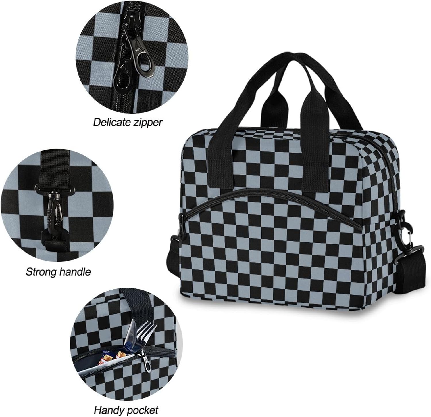Black Blue Checkered Lunch Bag for Women Men Reusable Insulated Lunch Box Leakproof Tote Cooler Bag Work Picnic