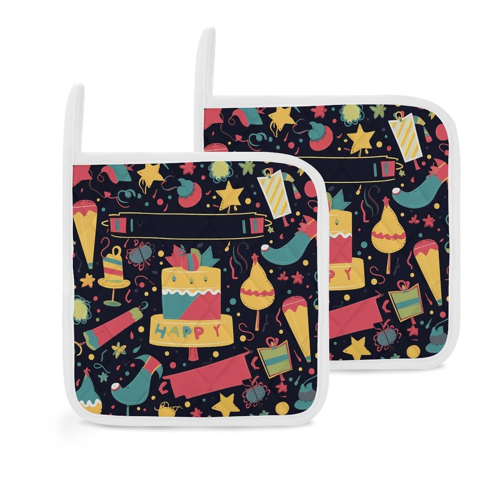 Btcowzrv Style Happy Birthday Images 2 Pack Pot Holders For Kitchen, Heat Resistant Potholder Set With Hanging Loops, Hot Pads For Oven Baking Cooking