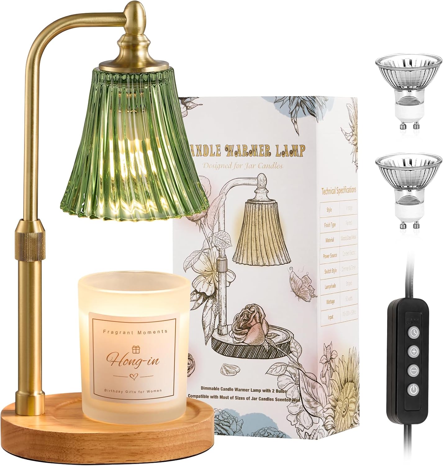 Hong-in Green Candle Warmer Lamp with Timer Dimmable,Birthday Gifts for Women,Adjustable Height Wax Melt Warmer for Jar Candles,House Warming Gifts New Home,Ideal for Office,Dorm,Bedroom Home Decor