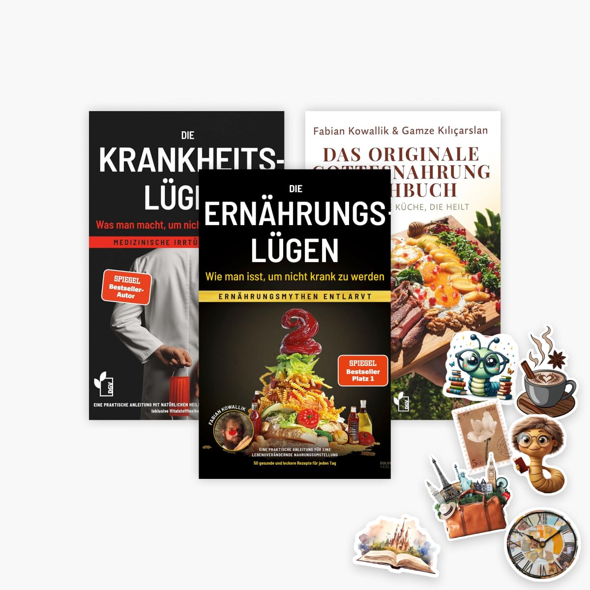 Gesundheits-Set: Die Ernährungslügen + Die Krankheitslügen + Das originale Gottesnahrung-Kochbuch + 1 exklusives Stickerset