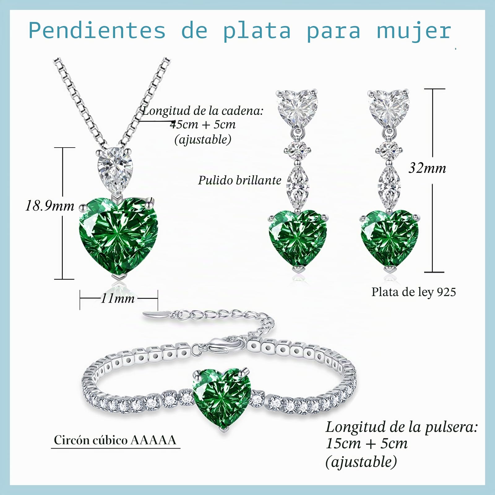 Juego de joyas de plata para mujer, collar de plata de ley 925, pendientes y pulsera, 3 colgantes con cadena de 45 cm, pendientes colgantes y pulsera, juego de joyas de corazón con circonitas
