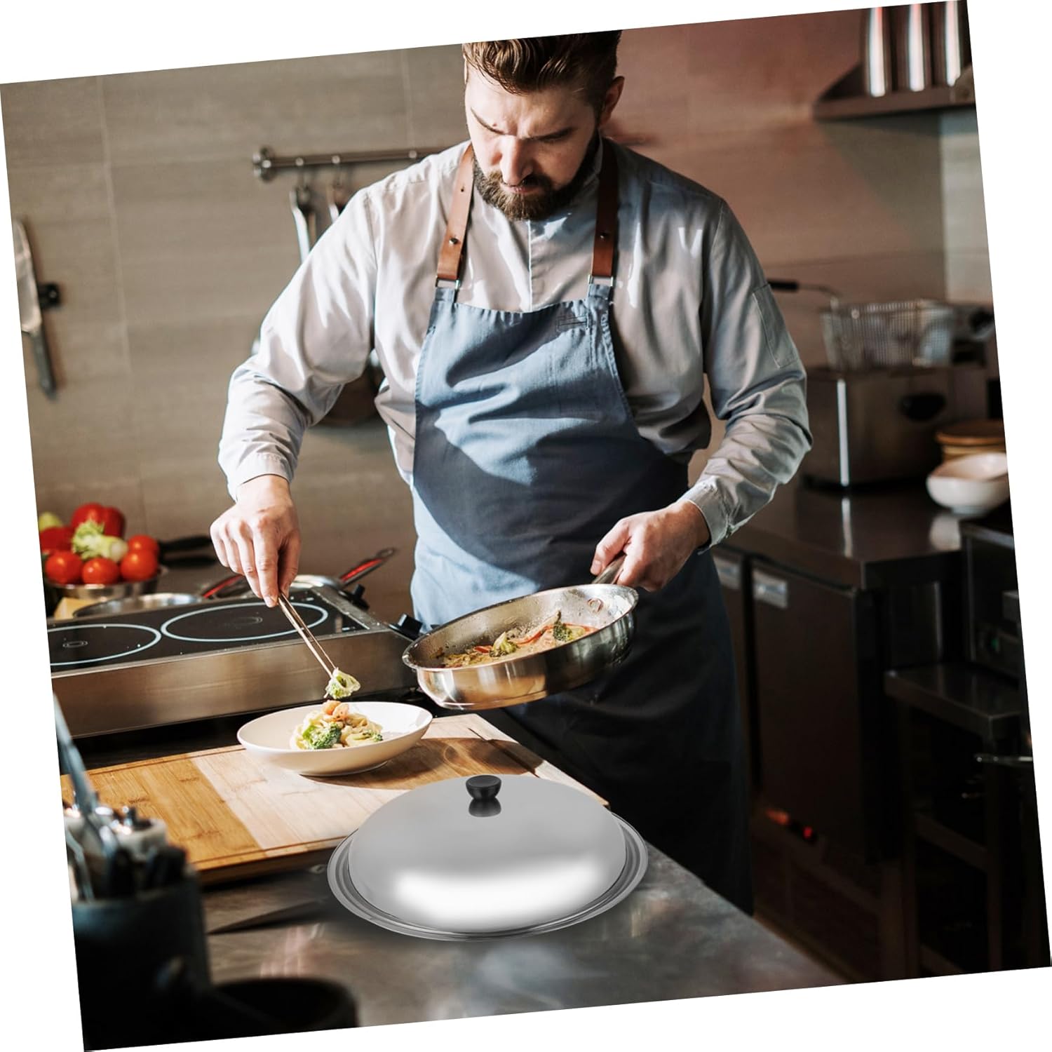 Stainless Steel Pot Cover with Knob Anti-scalding Cooking Tool Kitchen Gadget Prevents Oil Splashing Retains Steam Elegant Stylish Design