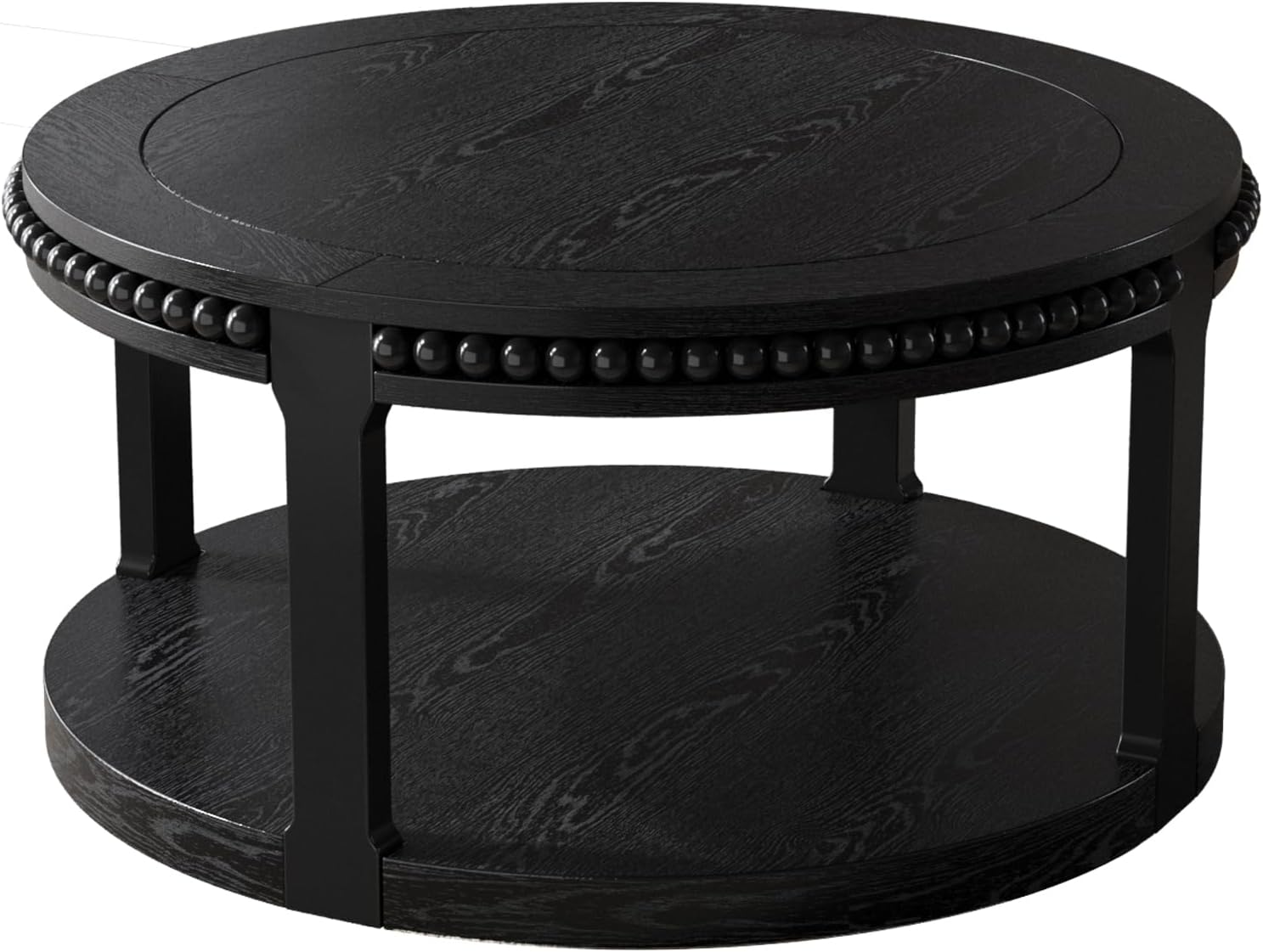 31.5 Inch Round Coffee Table with 2 Tier Storage, Wood Beads Coffee Table Decor Centerpiece for Living Room, Rustic Black Console Sofa Table for Bedroom, Office, Small Space, Modern Home Furniture