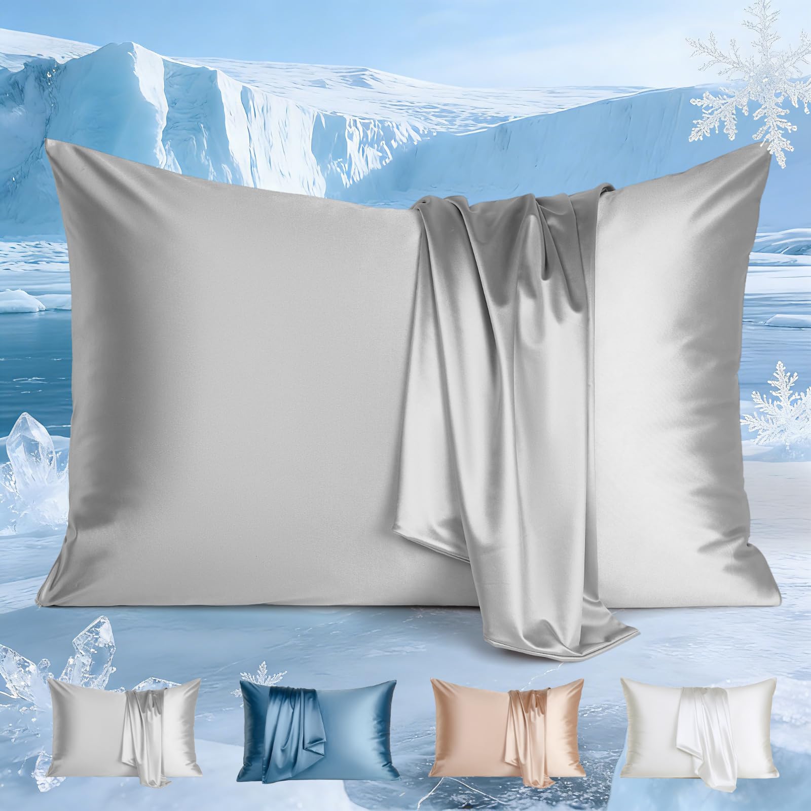 Marchpower Cooling Pillow Case, Arc-chill 2 Pack Q-Max 0.5 Cool Pillowcases for Hot Sleepers, Silk Pillowcase Breathable & Anti-Static Hair Care, Stain Pillow Cover with Hidden Zipper - 50X75cm, Grey