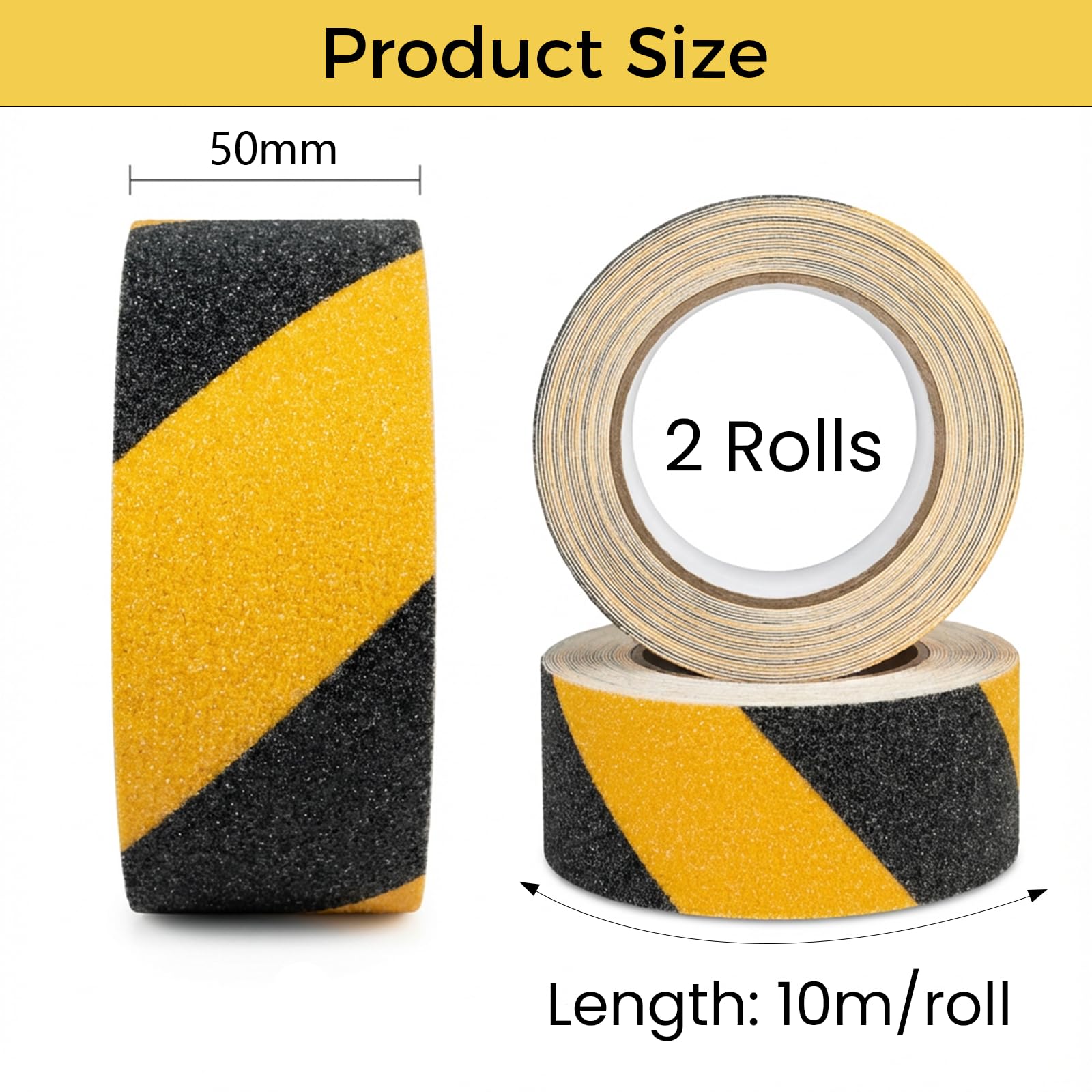 2 rouleaux de 50 mm x 10 m, bandes antidérapantes, noir et jaune, ruban adhésif antidérapant, forte adhérence pour une utilisation intérieure et extérieure