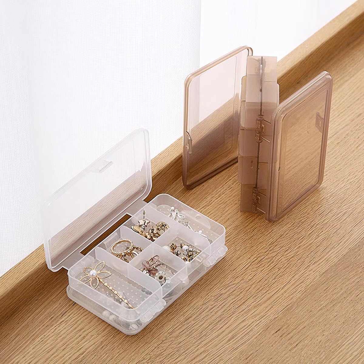 wolpin 1 Pc Jewellery Case Organizer with 10 Adjustable Grid Dividers | Double-Sided Transparent Storage Box for Makeup & Home Accessories (Plastic White)