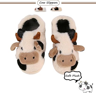 Fluffy Cow Slippers, Novelty Cute Animal Fuzzy Plush House Shoes for Women