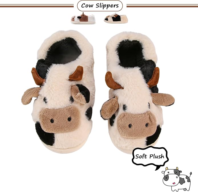 Fluffy Cow Slippers, Novelty Cute Animal Fuzzy Plush House Shoes for Women