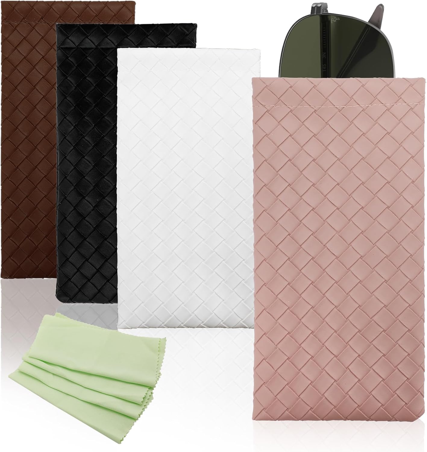 Goufaju 4 Pcs Soft Leather Squeeze Top Sunglass Case with Cleaning Cloth, Portable Eyeglass Pouch for Travel and Daily Use (Pink,Brown,Black,White & 4×Cleaning Cloth)