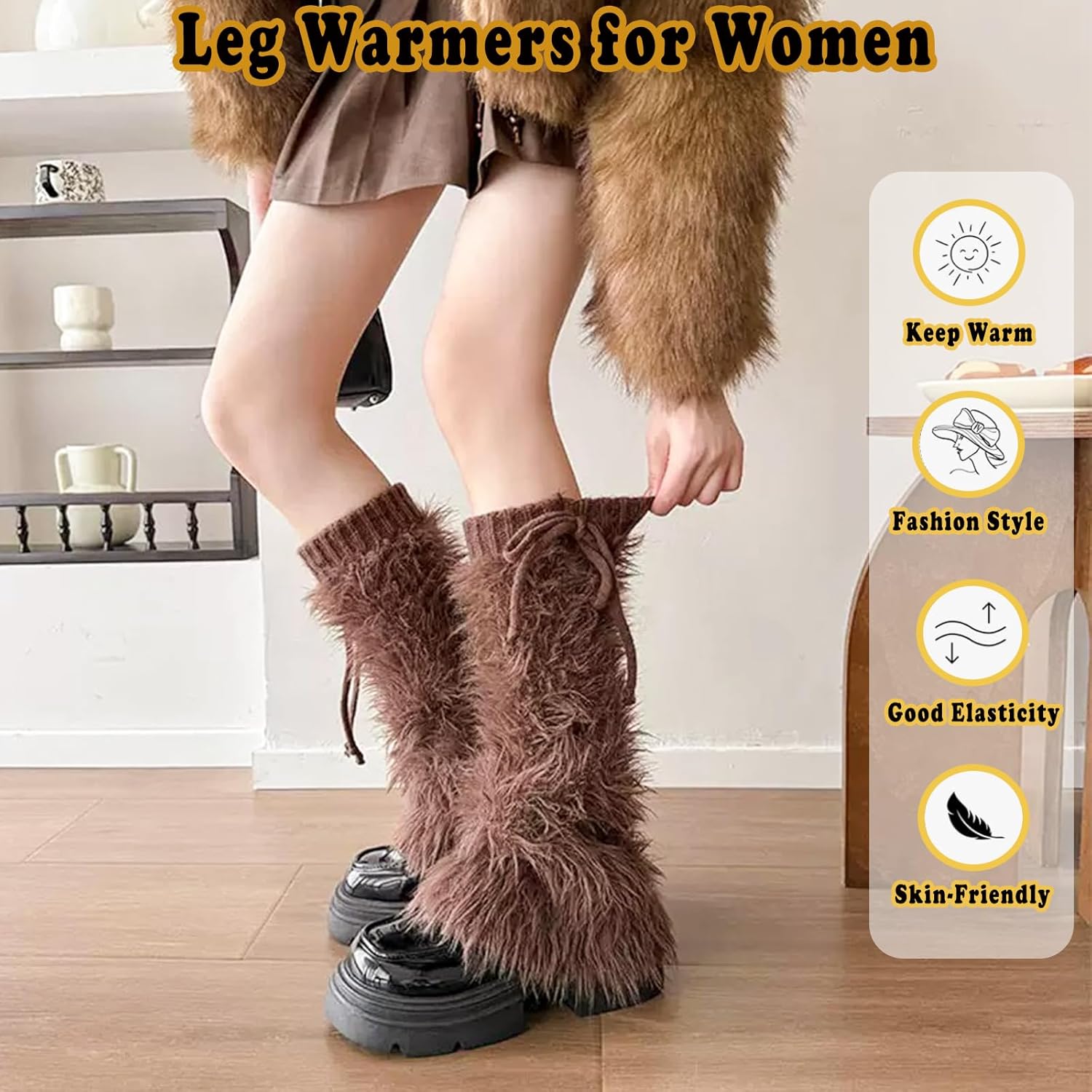 Faux Fur Furry Leg Warmers for Women Girls, Warm Knit Fuzzy Boot Covers Long Boot Cuff Boot Sleeves, Brown Fluffy Legwarmers for Winter - Image 2