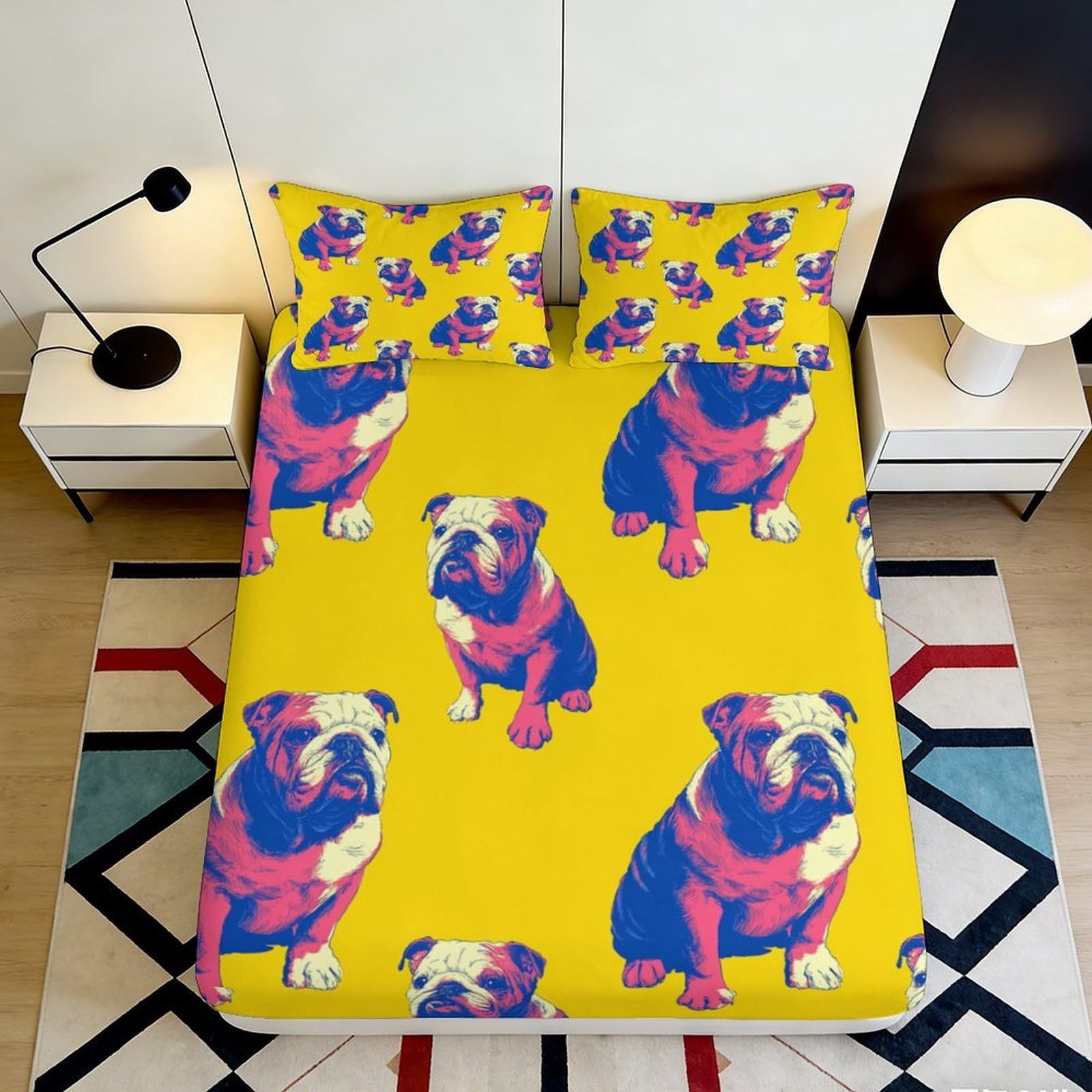 3D Printed Bulldog Pop Art Fitted Sheet Microfiber Soft Yellow Dog Bed Cover for Bedroom Dorm Mattress Decor 90x200x25cm