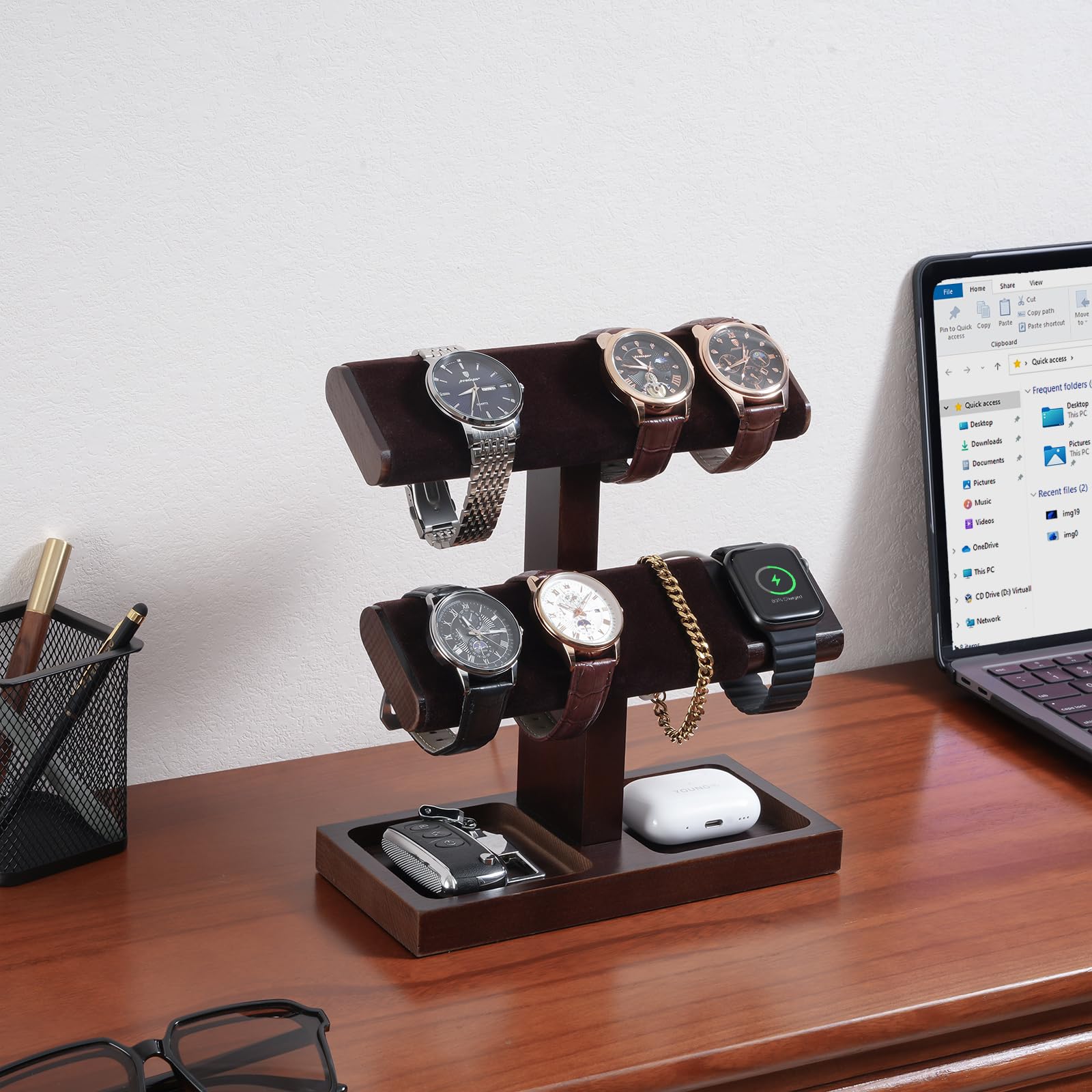 ProCase Uhrenständer, Uhrenhalter aus Holz Uhrenaufbewahrung Watch Stand, Uhrenständer T-Bar Display - 2 Etagen, Dunkelbraun