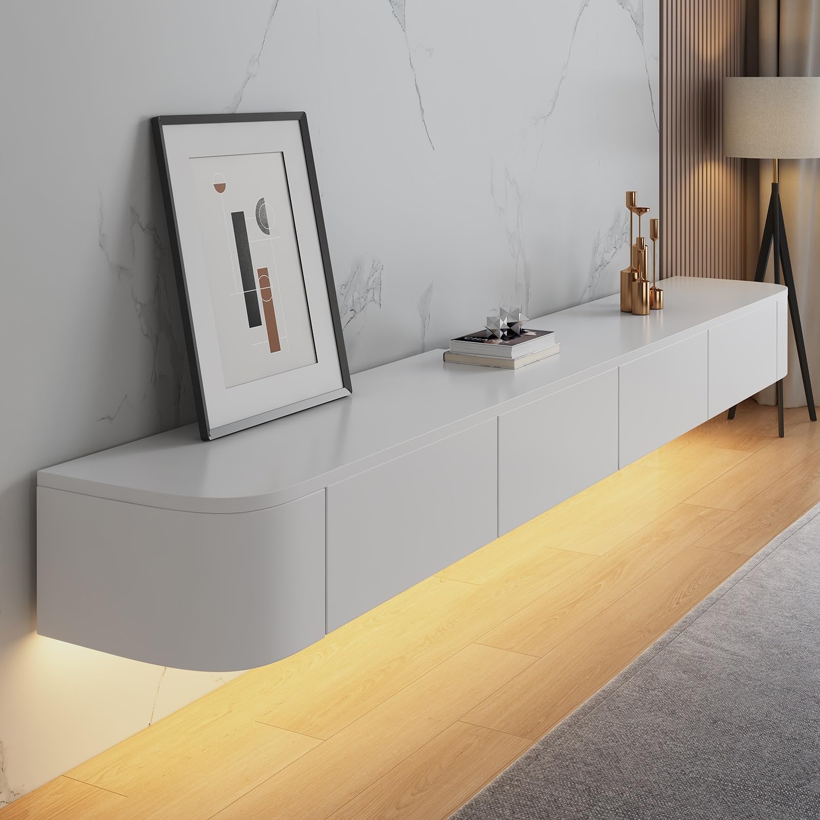 Console TV sospesa da parete, 140 cm, ripiani con ante per soggiorno e camera da letto, colore: bianco e soluzione salvaspazio