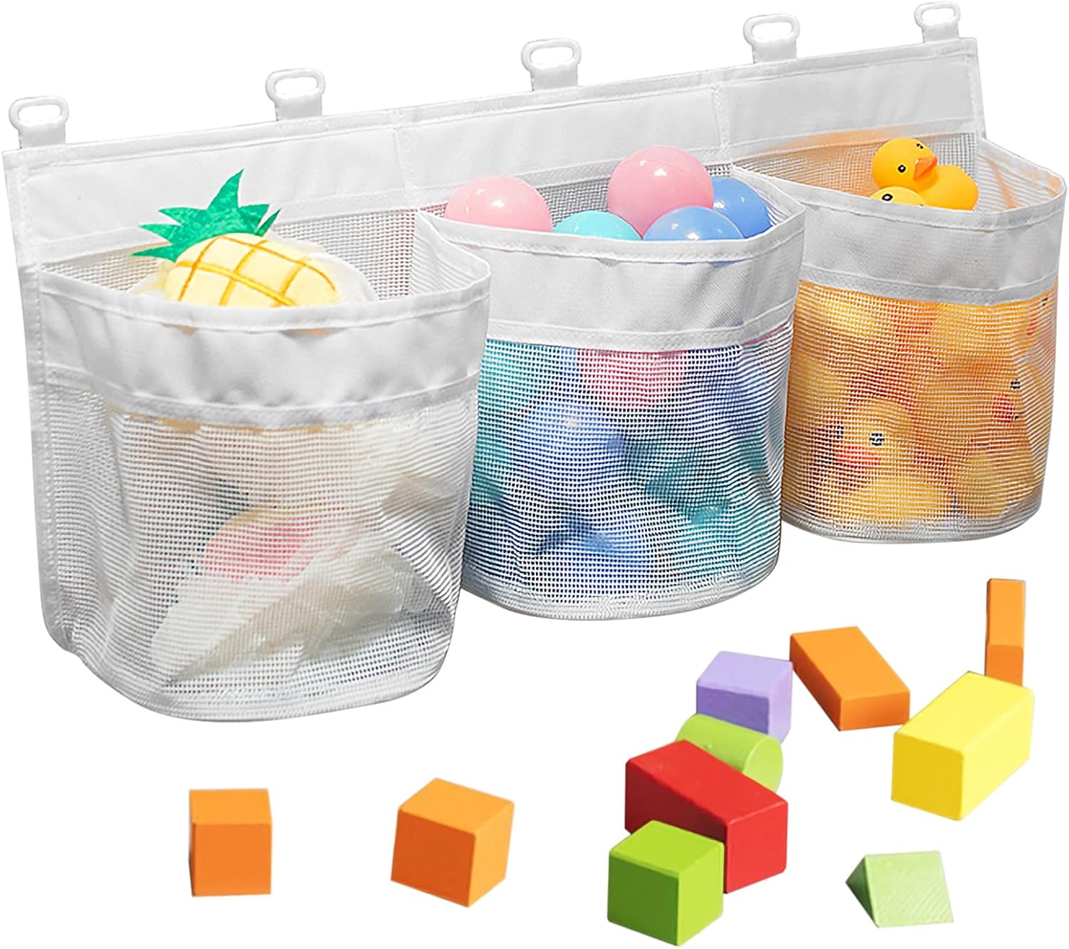 3 Compartment Large Bath Toy Organizer,Large Openings Bath Toy Holder,Bathtub Toy Holder Mesh Shower Caddy for Easy Access and Sorting of Toys.