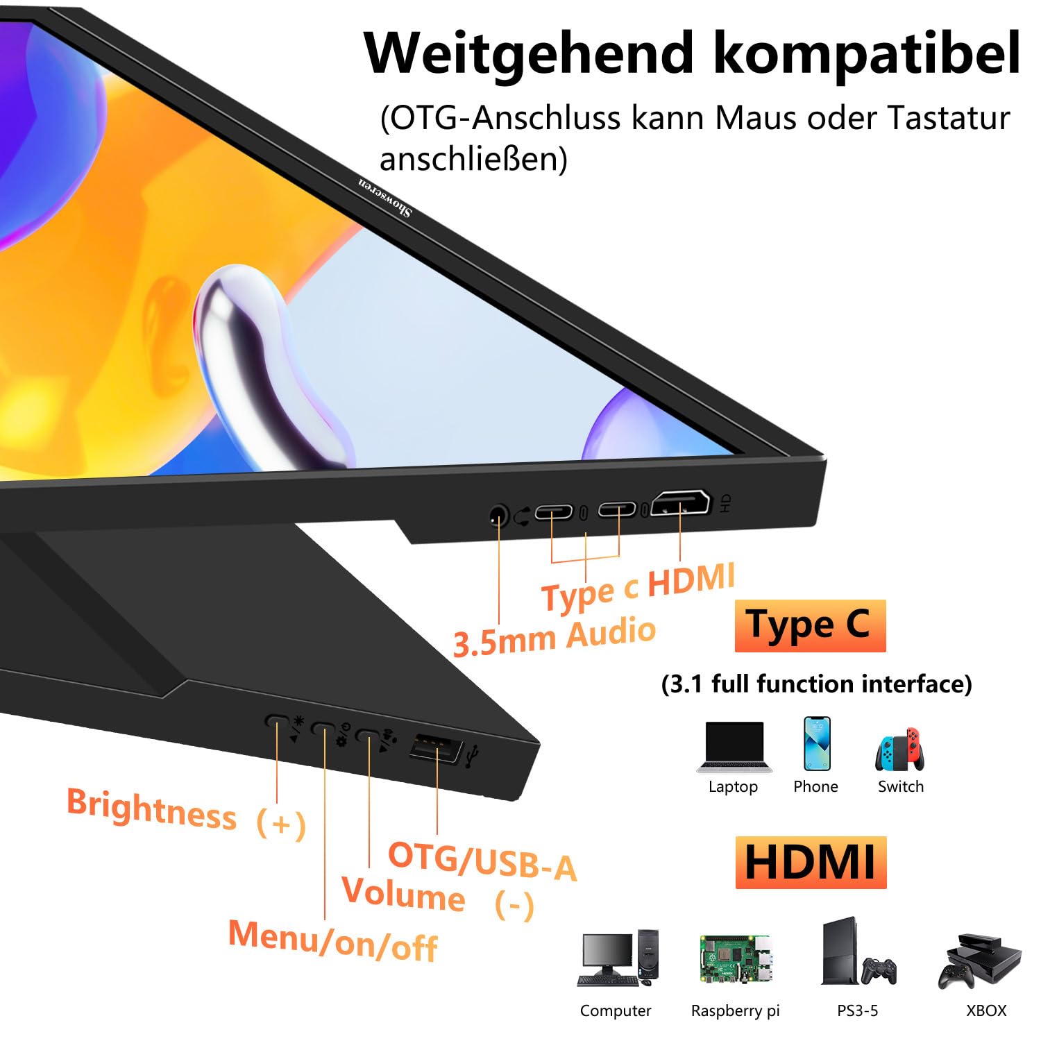 16zoll Tragbar Monitor, FHD1920 x 1200P Display 300 cd/Helligkeit, 60 Hz, 99% sRGB, VESA Support, HDMI USB-C Portable Monitor kompatibel mit Laptop PS4/5, Switch, PC