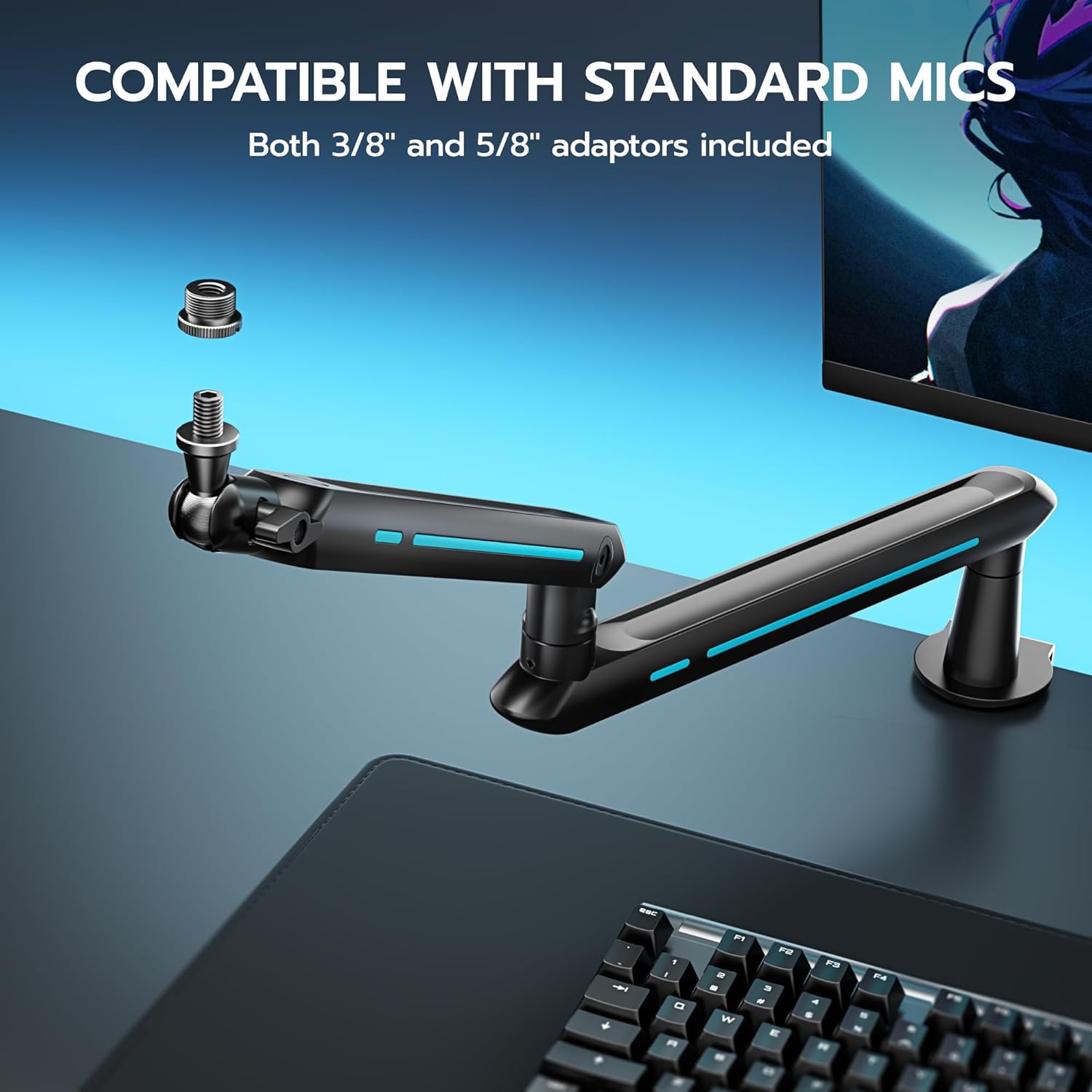 ARES WING Aluminum Low Profile Mic Arm with 4.4 lbs Load Capacity, Adjustable Microphone Boom Arm with 3/8” to 5/8” Screw Adapter, Desk Mount Mic Stand for Gaming Streaming Podcasting, Black