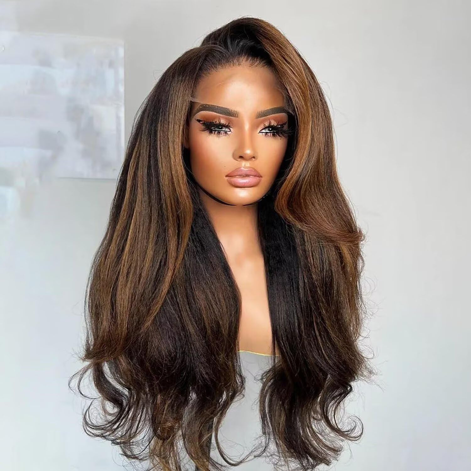 13X4 HD Transparent Lace Front Wig Yaki Layered Cut Natural Wave Highlight Ombre Brown #1B/30 Pre Plucked 100% Virgin Human Hair Glueless Brazilian Remy Hair 180% Density for Woman 14 Inch