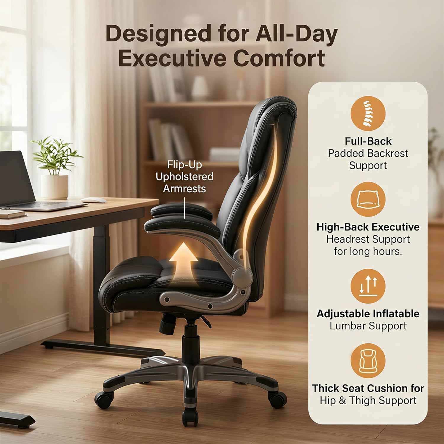 COLAMY Ergonomic Executive Office Chair, High Back Desk Chair with Adjustable Lumbar Support, Flip-Up Armrests & Thick Seat Cushion, 90°–110° Reclining Computer Chair for Home Office