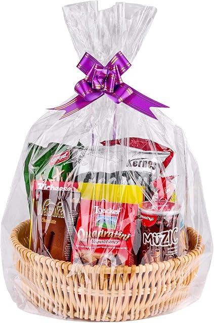 KAHEIGN 24Pcs Clear Gift Basket Bags, 32 x 22 Inches Cellophane Present Wrap Bags for Hamper Making Gifts Baskets Wrapping Arts Treat Doll Garment Crafts Packaging (with 24Pcs Bows Ribbon)