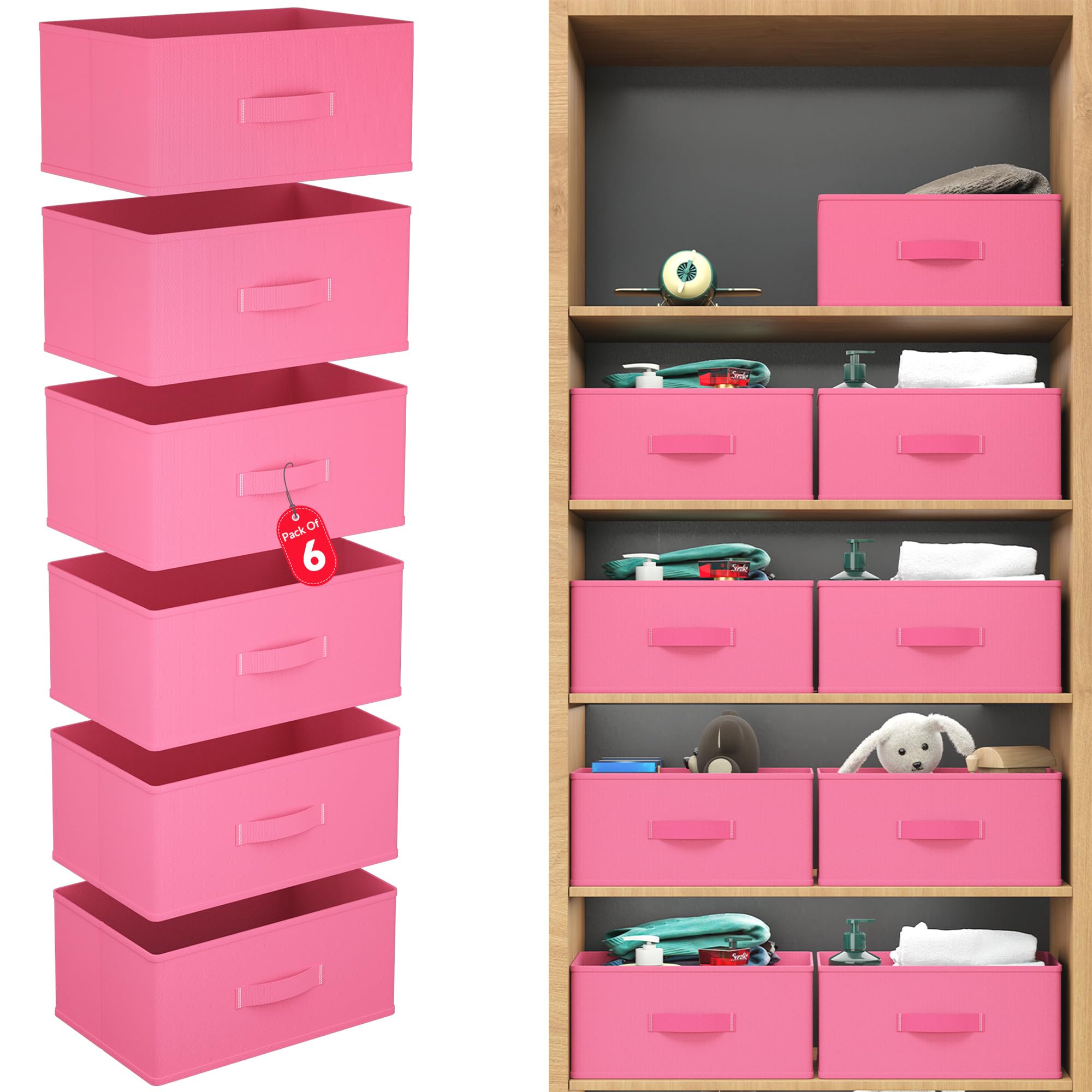Kuber Industries Organizzatore per armadio in tessuto non tessuto, 26 litri, organizer per cassetti, organizer multiuso per vestiti, libri e giocattoli, 6 pezzi, rosa