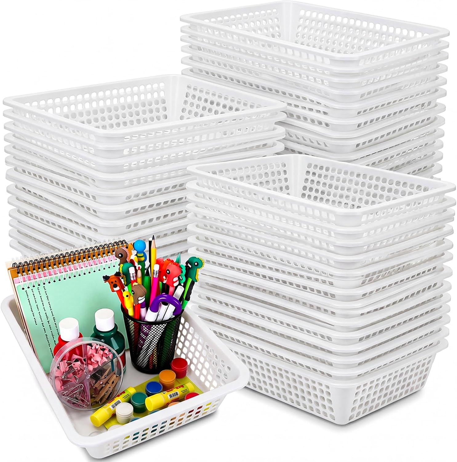 Zhehao 48 Pack Classroom Storage Baskets Large Plastic Baskets for Organizing Turn in Bins Classroom Paper Trays Bulk Desk Containers for School Home Office, 13.6" L x 10.2" W x 3.3" H(Black)