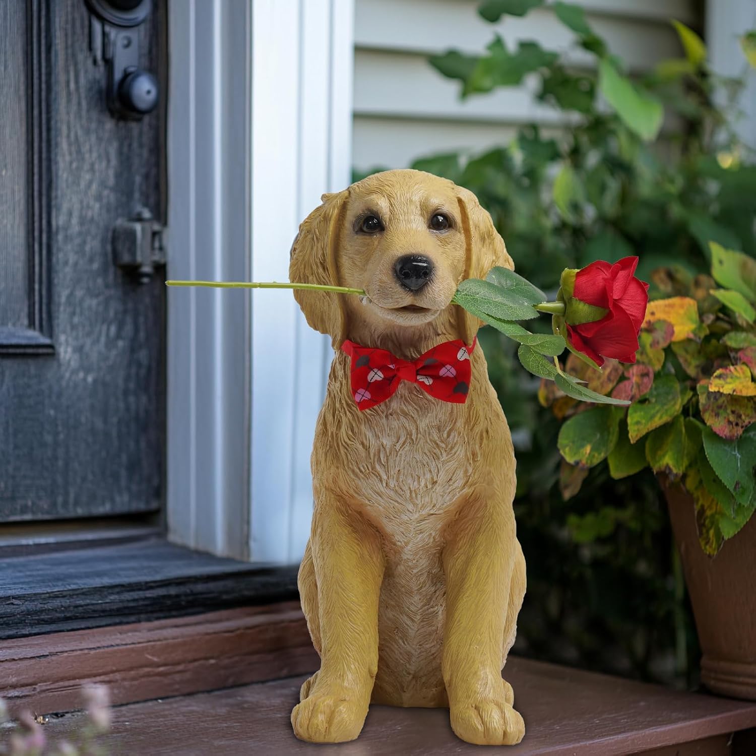 Dog Valentine Day Decorations Outside - Puppy Rose Statues for Garden Decor, Valentine's Day Gifts Garden Statues for Outdoor Patio Balcony Yard, Unique Golden Retriever Gifts for Women 11x5.5x13IN