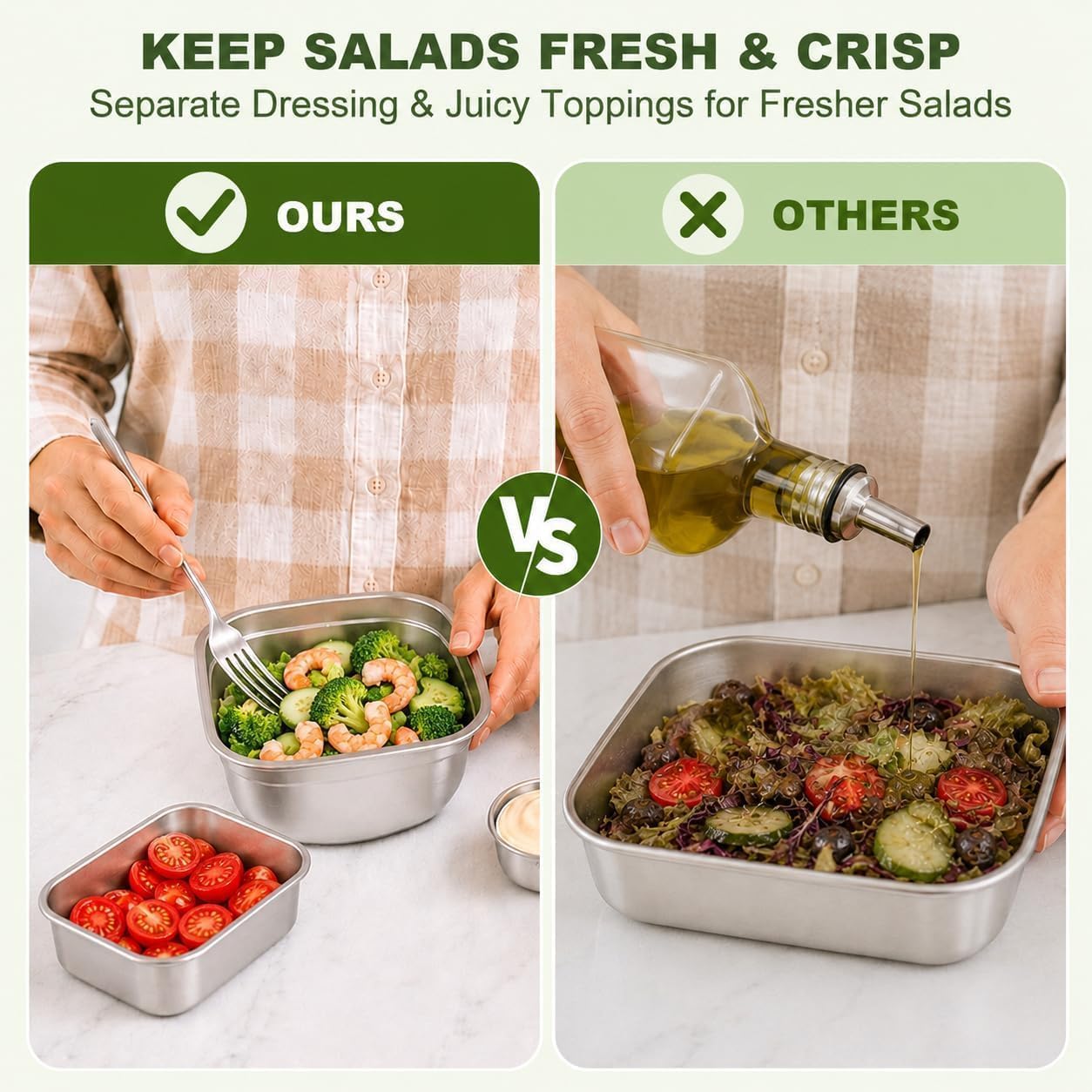 9-Piece 50oz Stainless Steel Salad Bowls with Lids & Snack Containers | Leakproof Salad Containers, 20oz Fruit & Snack Containers and Dressing Cups, Dishwasher Safe for Meal Prep & Lunch To Go